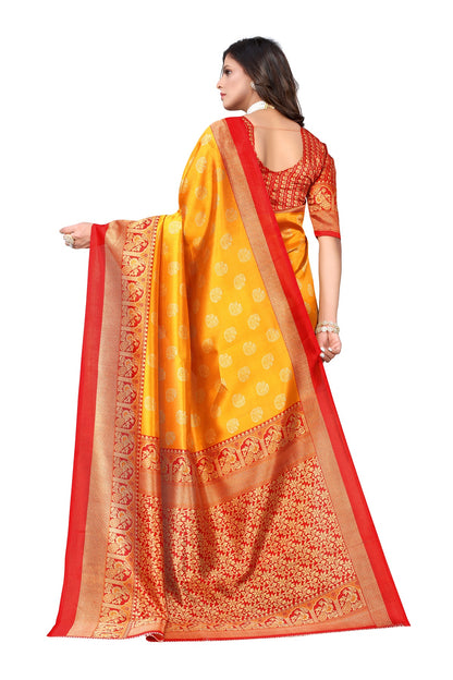 Ethnic Fire Yellow Printed Litchi Art Silk Saree – Elegant Traditional Wear