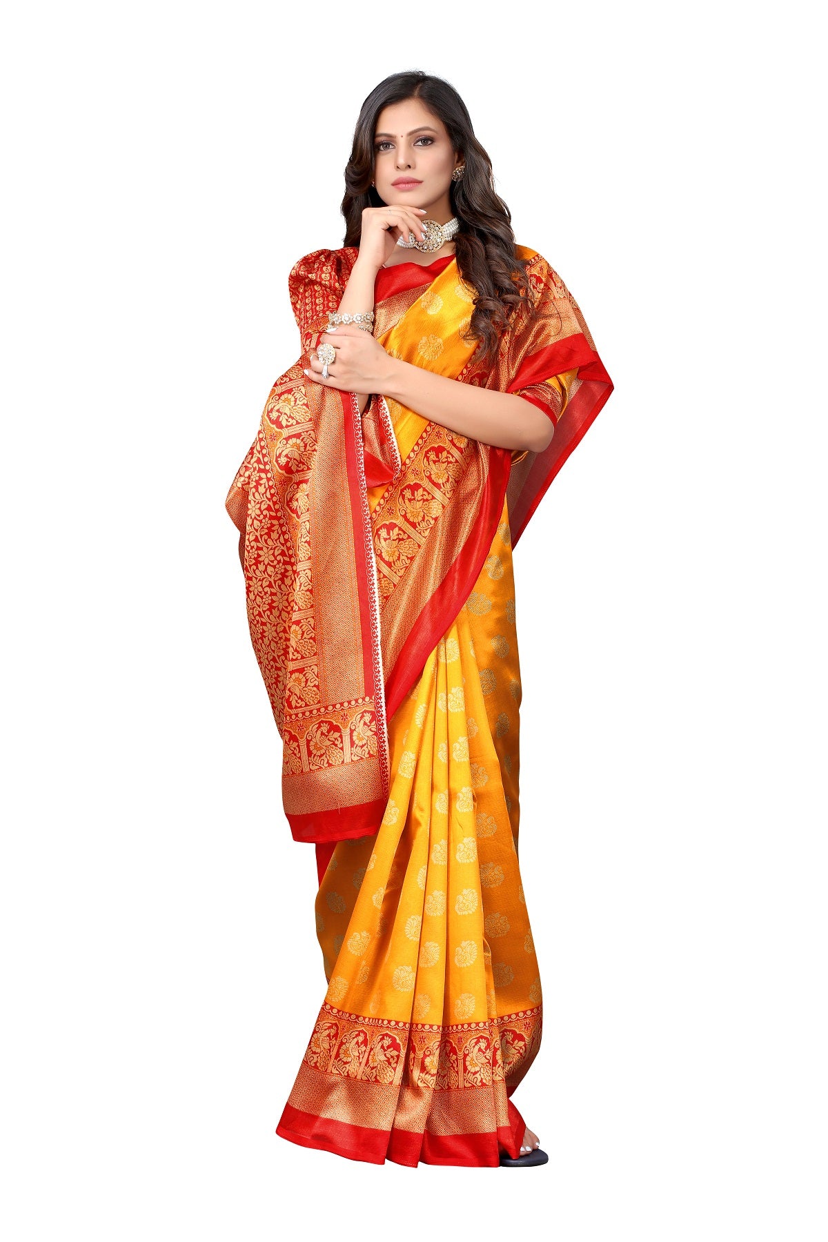 Ethnic Fire Yellow Printed Litchi Art Silk Saree – Elegant Traditional Wear