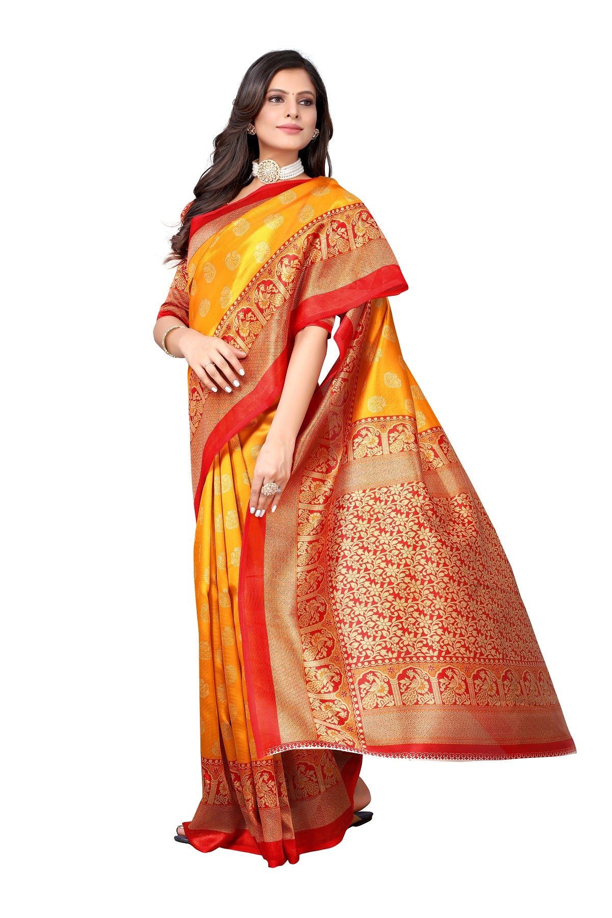 Ethnic Fire Yellow Printed Litchi Art Silk Saree – Elegant Traditional Wear