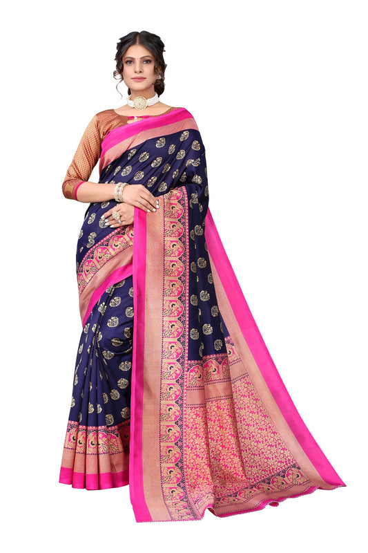 Ethnic Fire Navy Blue Printed Litchi Art Silk Saree – Elegant Traditional Wear