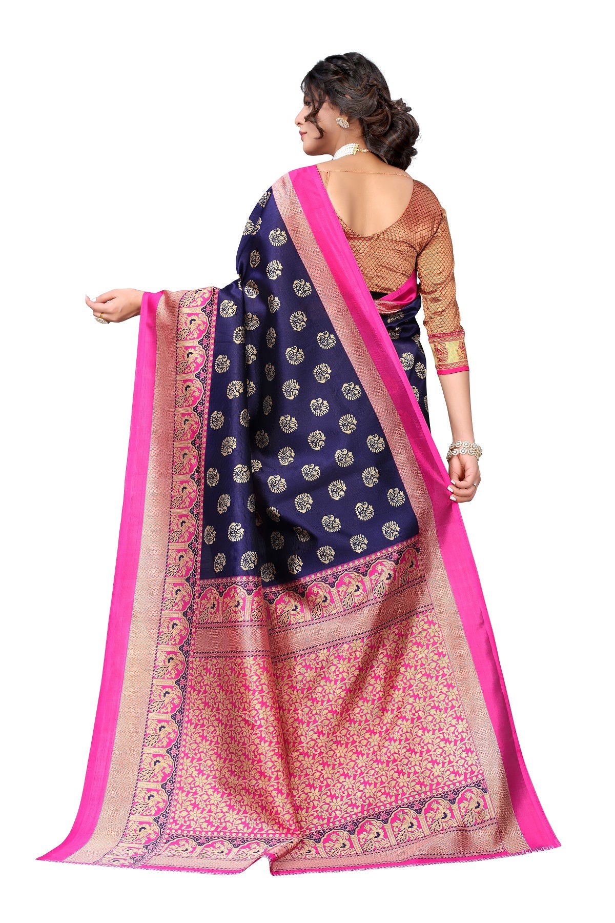 Ethnic Fire Navy Blue Printed Litchi Art Silk Saree – Elegant Traditional Wear