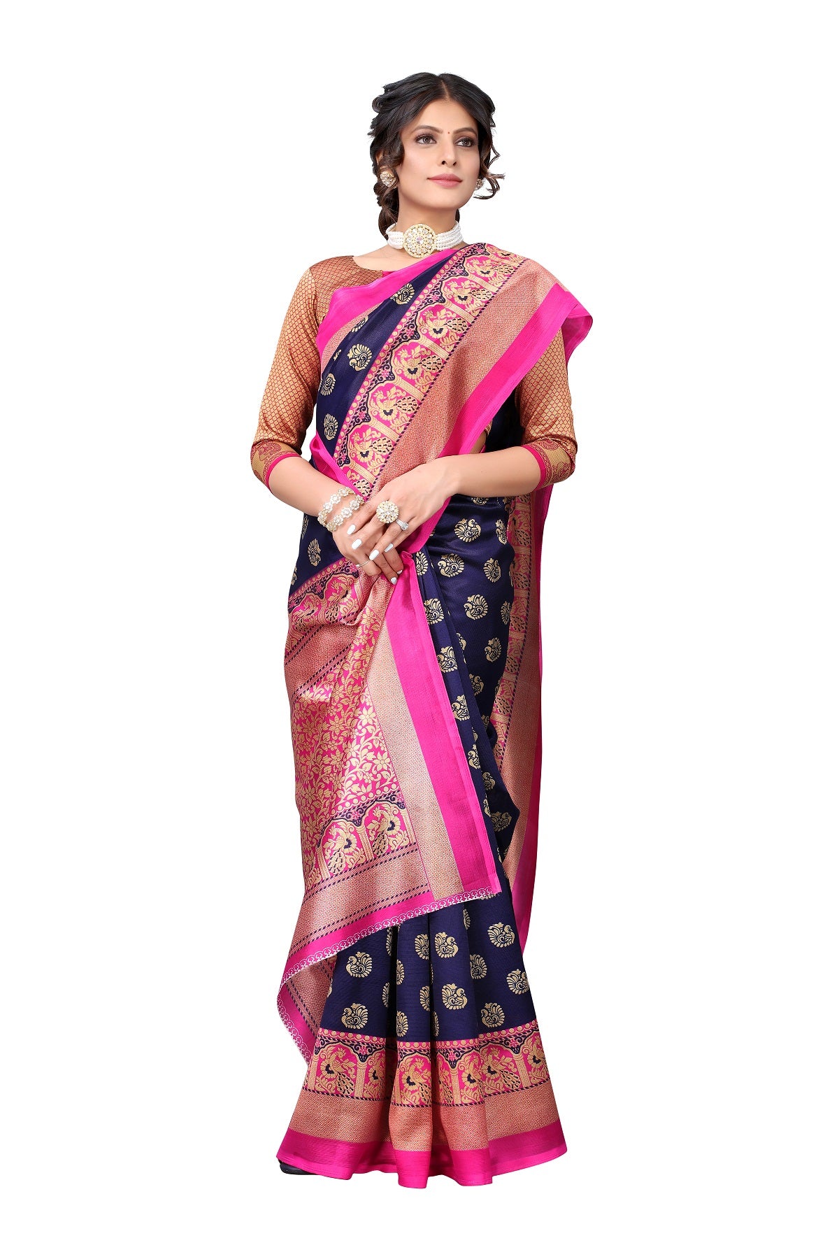 Ethnic Fire Navy Blue Printed Litchi Art Silk Saree – Elegant Traditional Wear