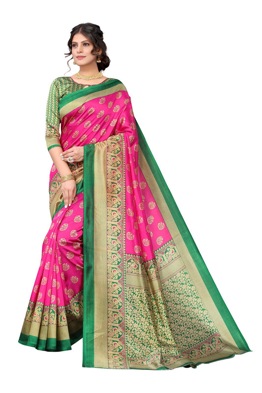 Ethnic Fire Pink Printed Litchi Art Silk Saree – With Green Art Silk Blouse