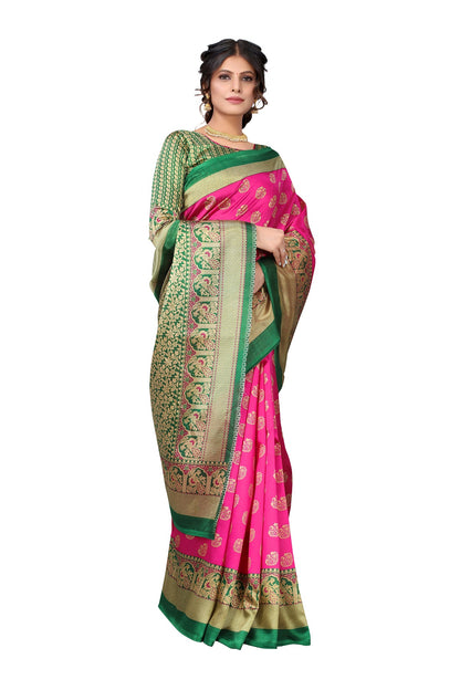 Ethnic Fire Pink Printed Litchi Art Silk Saree – With Green Art Silk Blouse