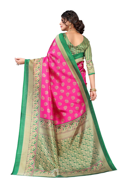 Ethnic Fire Pink Printed Litchi Art Silk Saree – With Green Art Silk Blouse