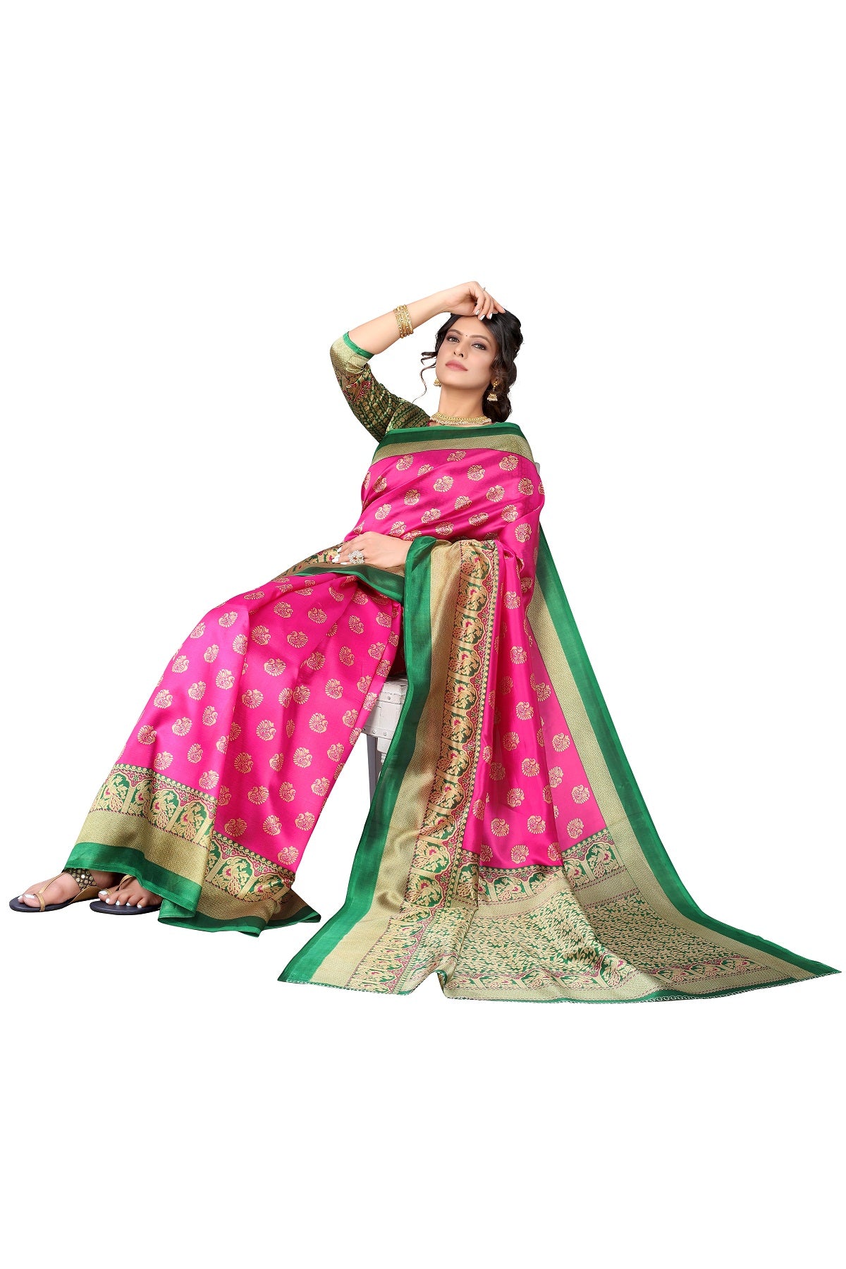 Ethnic Fire Pink Printed Litchi Art Silk Saree – With Green Art Silk Blouse