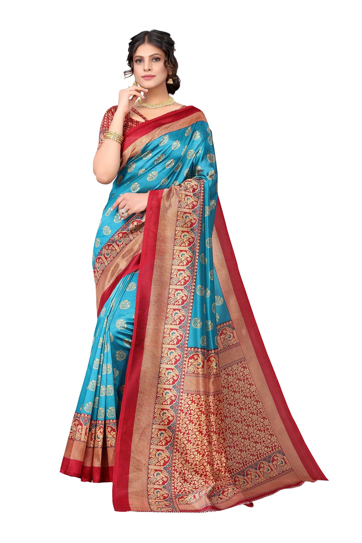 Ethnic Fire Sky Blue Printed Litchi Art Silk Saree – Elegant Traditional Wear