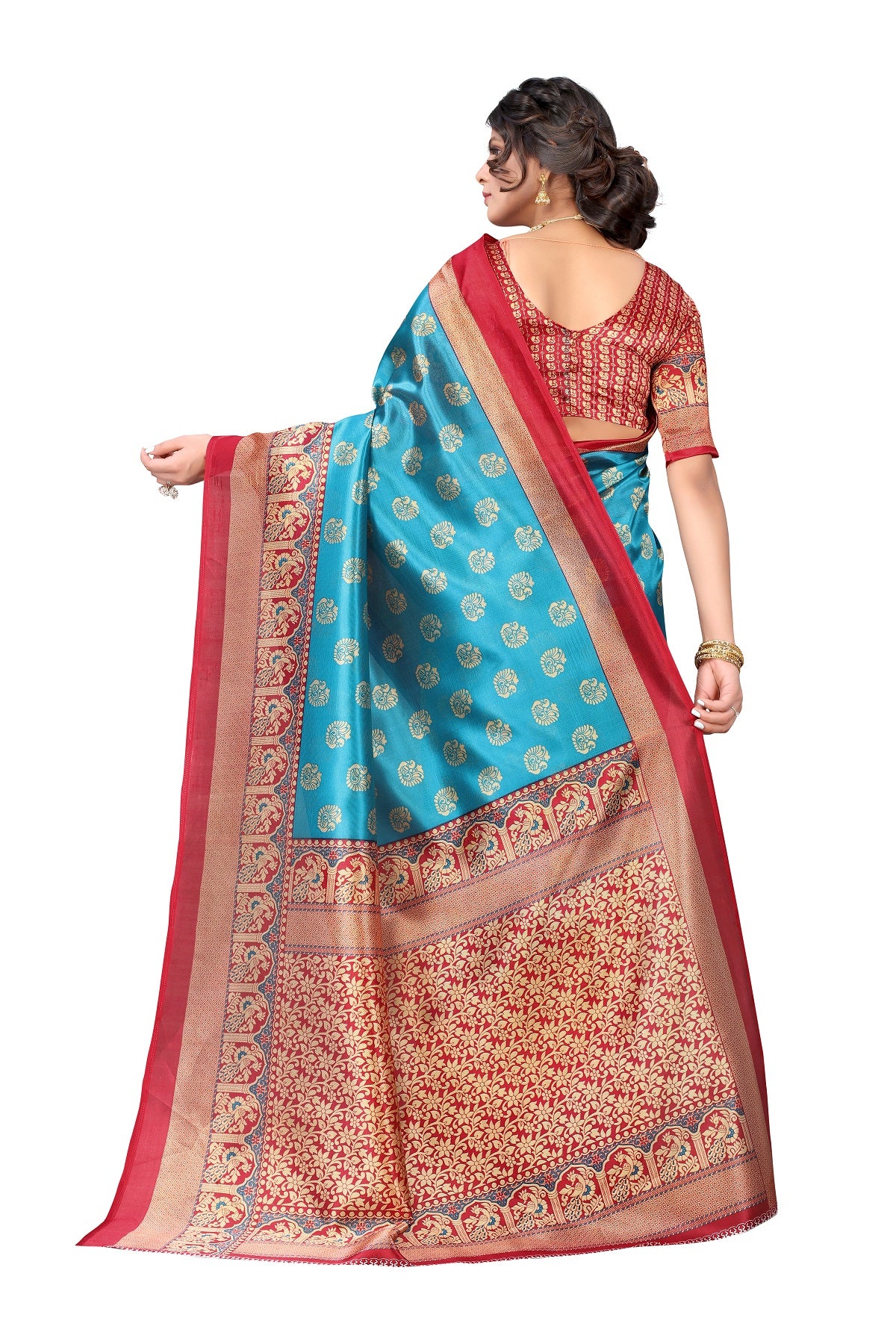 Ethnic Fire Sky Blue Printed Litchi Art Silk Saree – Elegant Traditional Wear