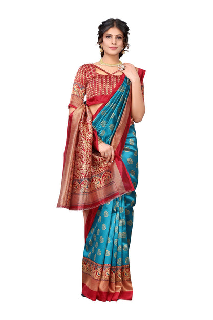 Ethnic Fire Sky Blue Printed Litchi Art Silk Saree – Elegant Traditional Wear