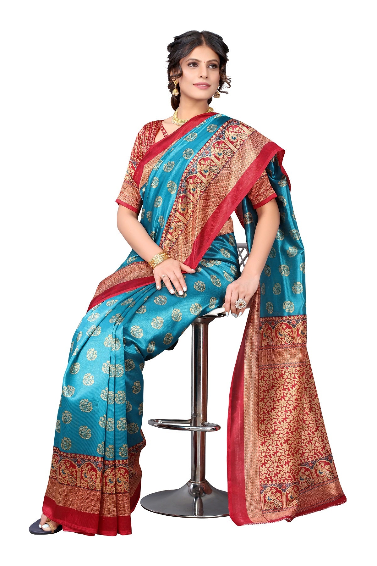 Ethnic Fire Sky Blue Printed Litchi Art Silk Saree – Elegant Traditional Wear