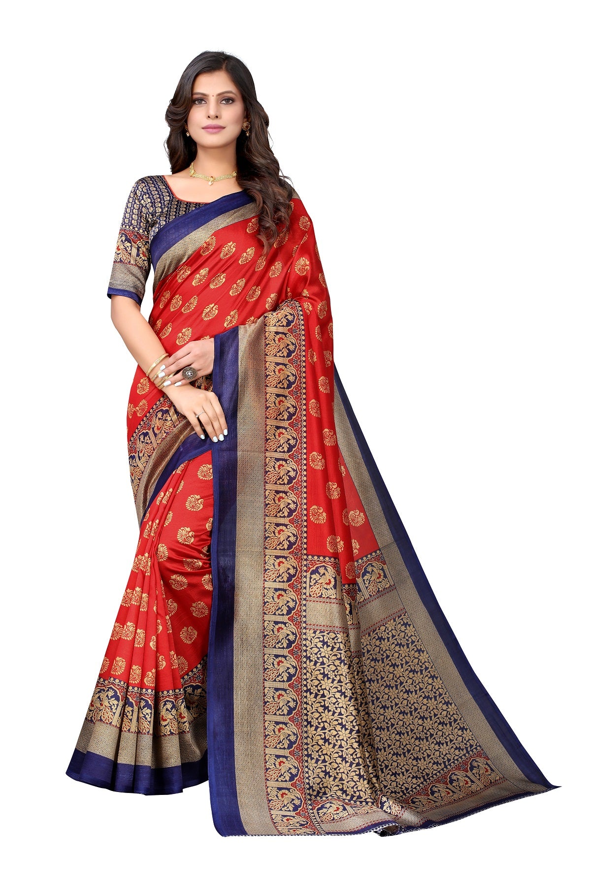 Ethnic Fire Red Printed Litchi Art Silk Saree – Elegant Traditional Wear