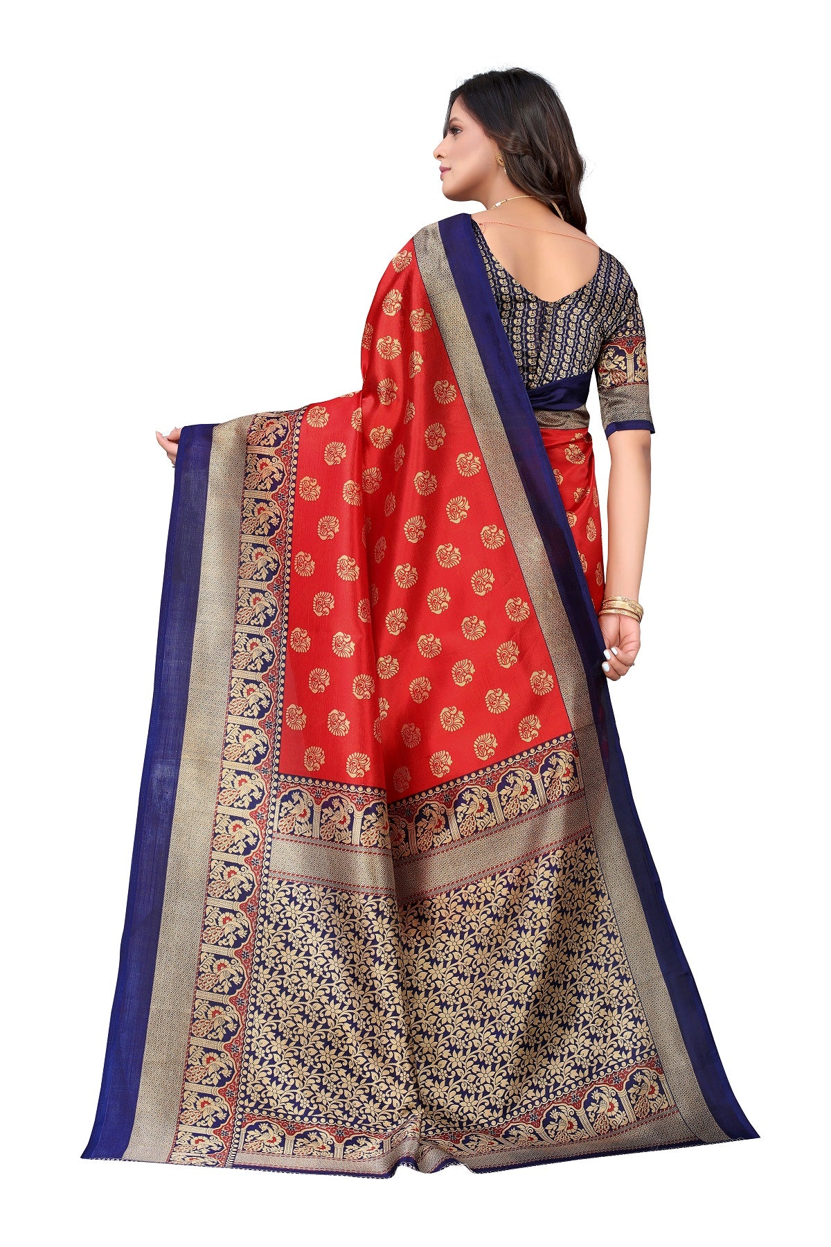 Ethnic Fire Red Printed Litchi Art Silk Saree – Elegant Traditional Wear