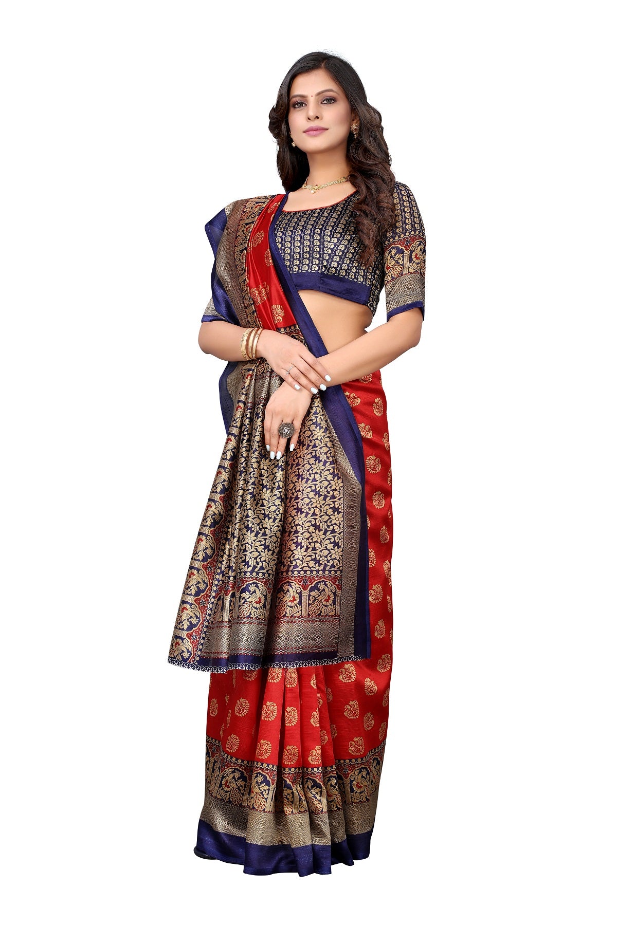 Ethnic Fire Red Printed Litchi Art Silk Saree – Elegant Traditional Wear