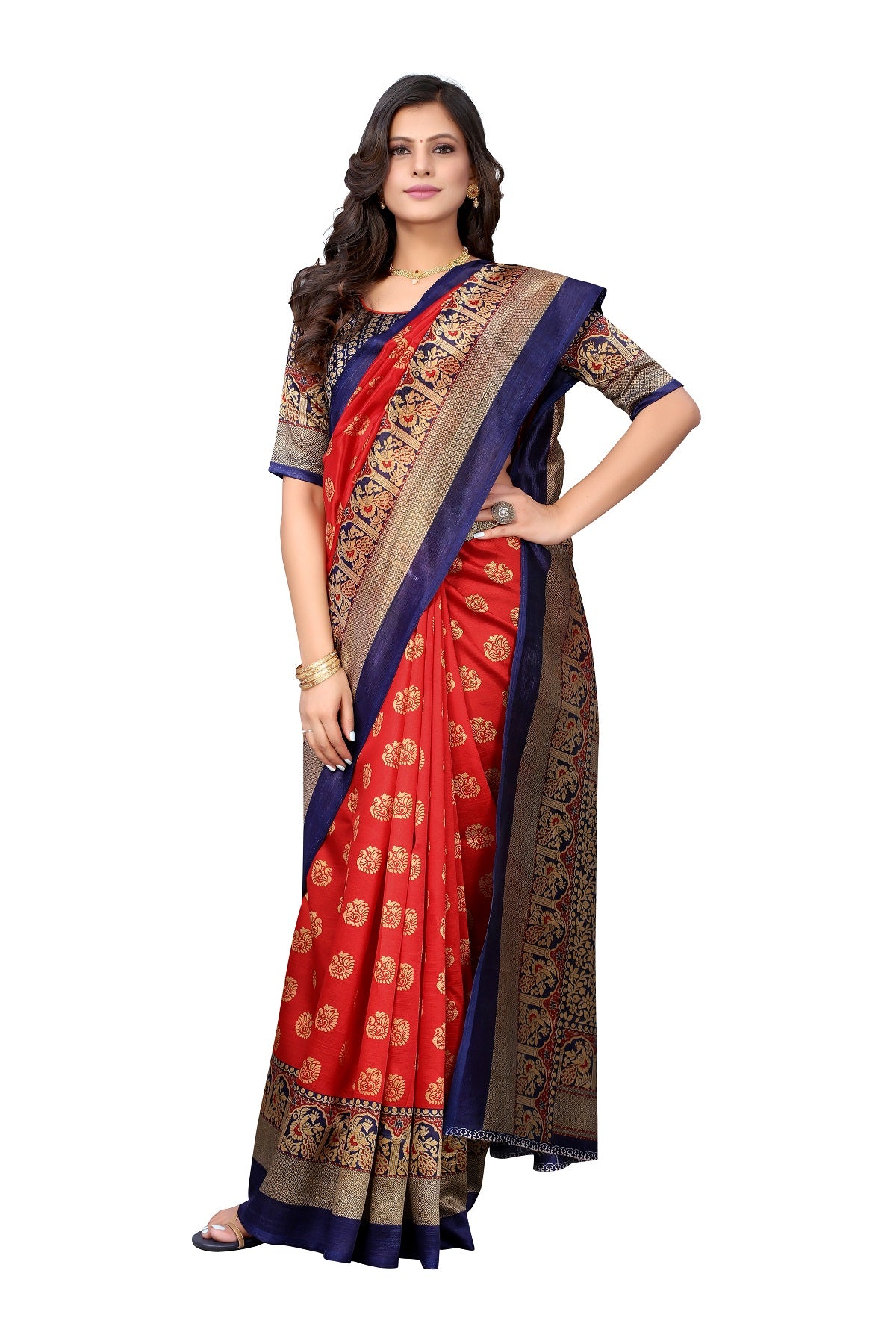 Ethnic Fire Red Printed Litchi Art Silk Saree – Elegant Traditional Wear