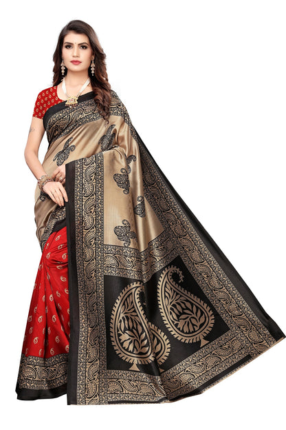 Ethnic Fire Red Printed Litchi Art Silk Saree – Elegant Traditional Wear