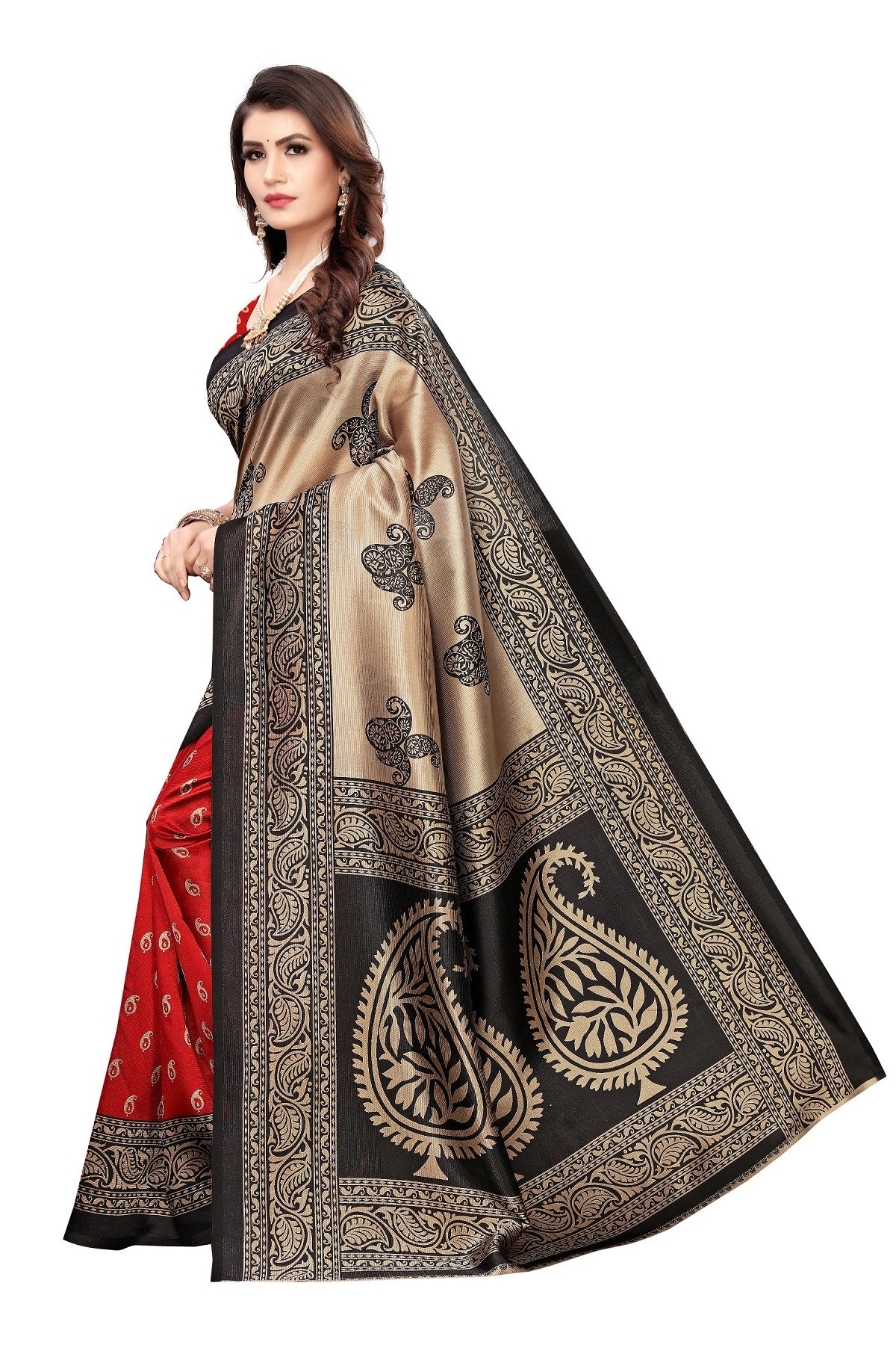 Ethnic Fire Red Printed Litchi Art Silk Saree – Elegant Traditional Wear