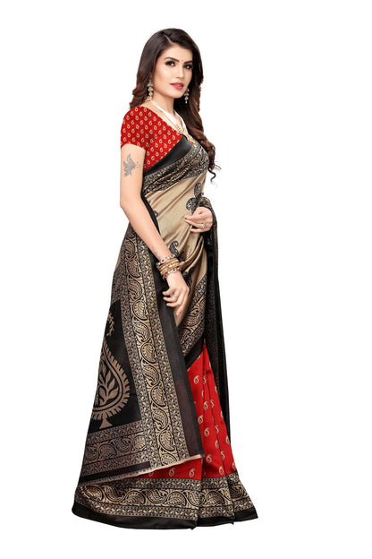 Ethnic Fire Red Printed Litchi Art Silk Saree – Elegant Traditional Wear