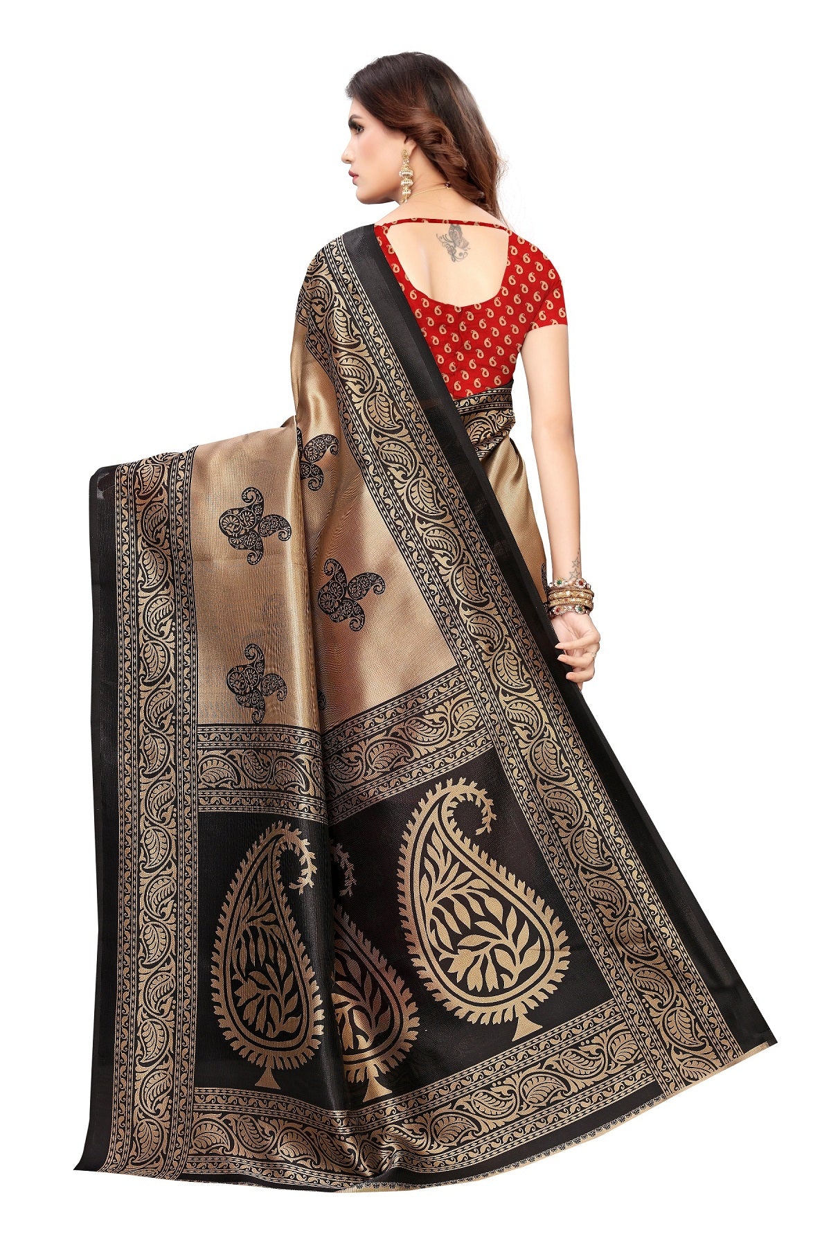 Ethnic Fire Red Printed Litchi Art Silk Saree – Elegant Traditional Wear