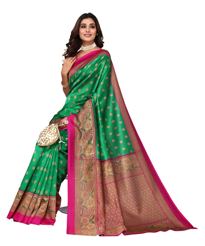 Ethnic Fire Green Printed Litchi Art Silk Saree – Elegant Traditional Wear