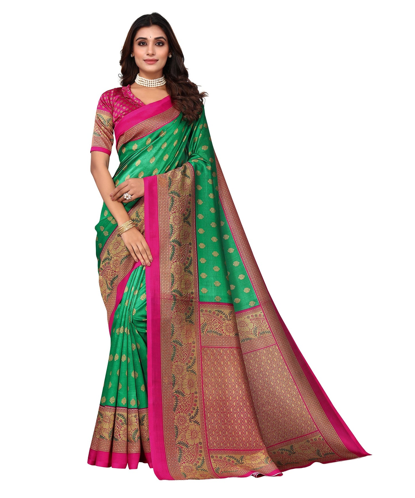 Ethnic Fire Green Printed Litchi Art Silk Saree – Elegant Traditional Wear