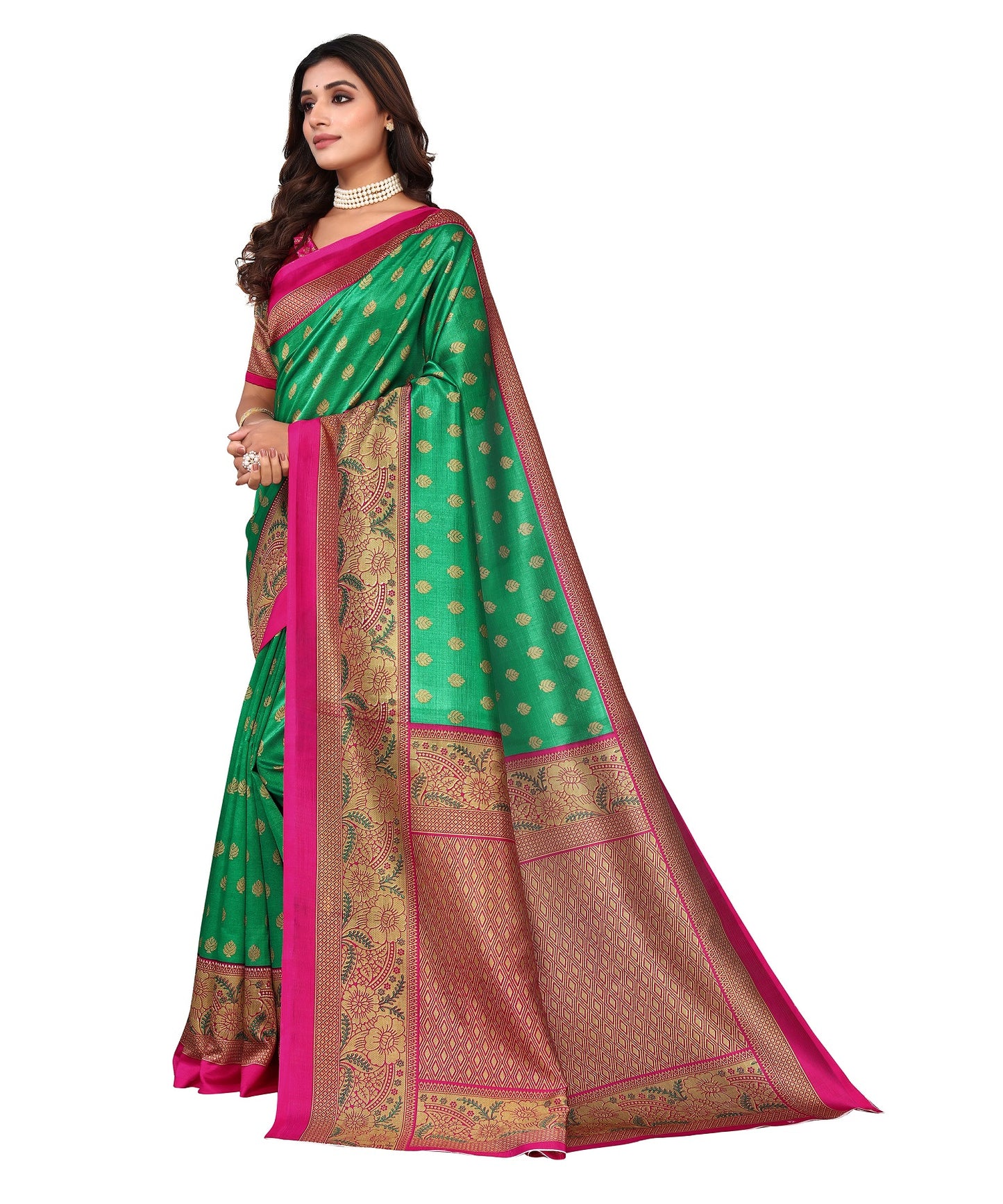 Ethnic Fire Green Printed Litchi Art Silk Saree – Elegant Traditional Wear