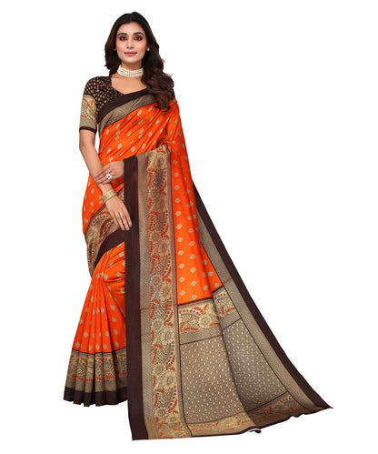 Ethnic Fire Orange Printed Litchi Art Silk Saree – Elegant Traditional Wear