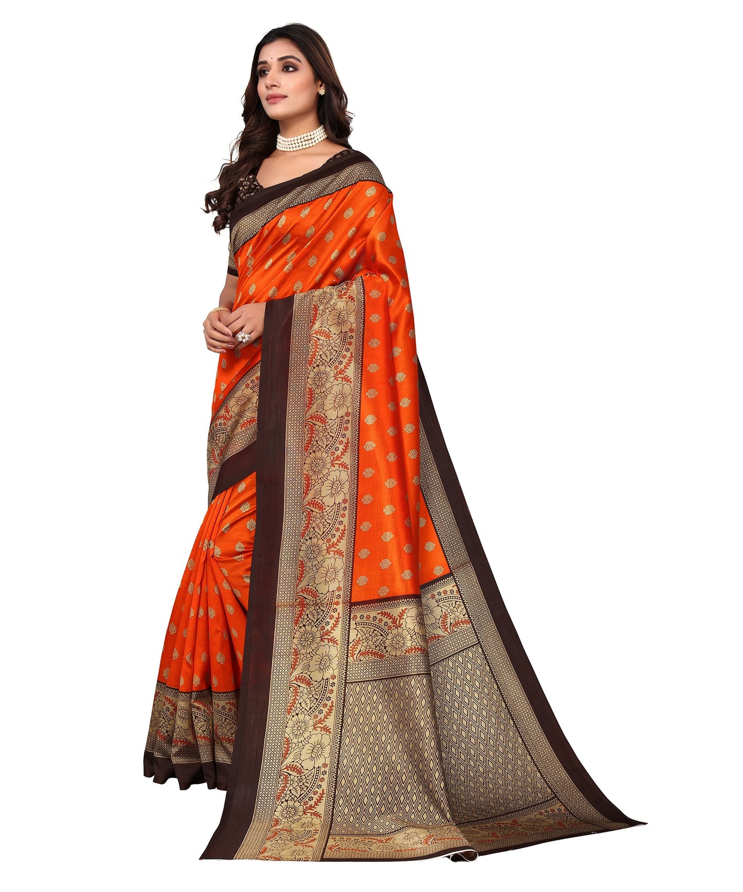 Ethnic Fire Orange Printed Litchi Art Silk Saree – Elegant Traditional Wear