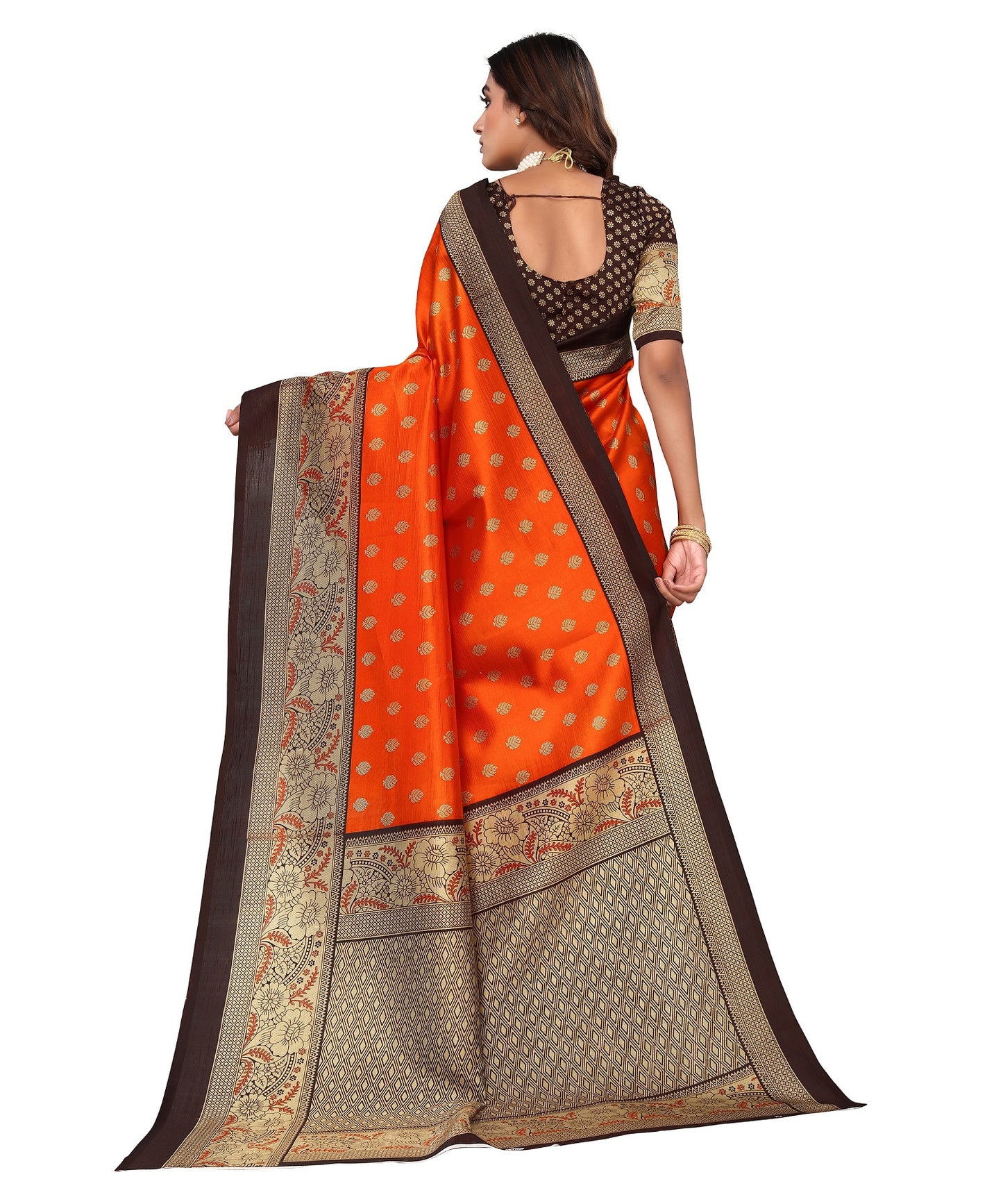 Ethnic Fire Orange Printed Litchi Art Silk Saree – Elegant Traditional Wear