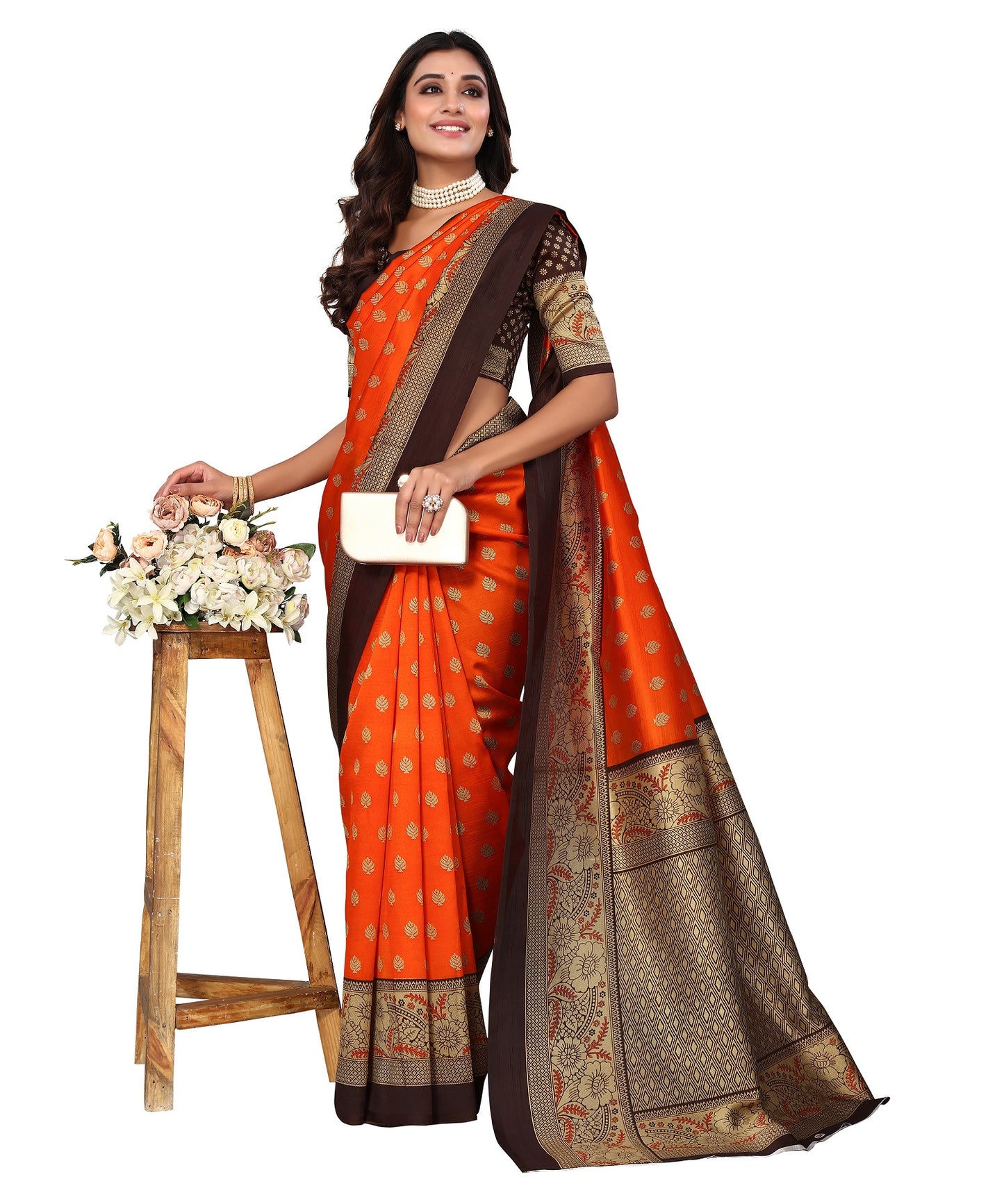 Ethnic Fire Orange Printed Litchi Art Silk Saree – Elegant Traditional Wear