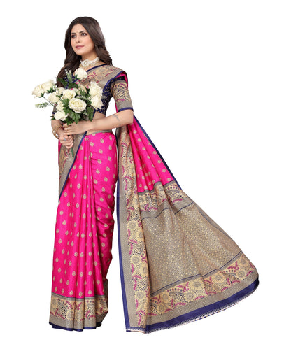 Ethnic Fire Pink Printed Litchi Art Silk Saree – Elegant Traditional Wear