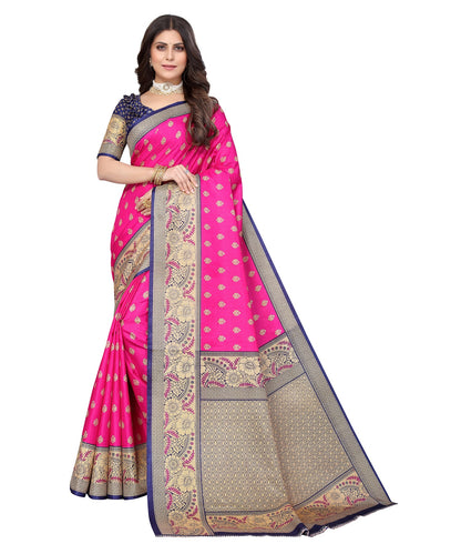 Ethnic Fire Pink Printed Litchi Art Silk Saree – Elegant Traditional Wear