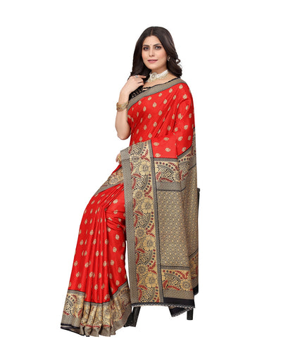 Ethnic Fire Red Printed Litchi Art Silk Saree – Elegant Traditional Wear