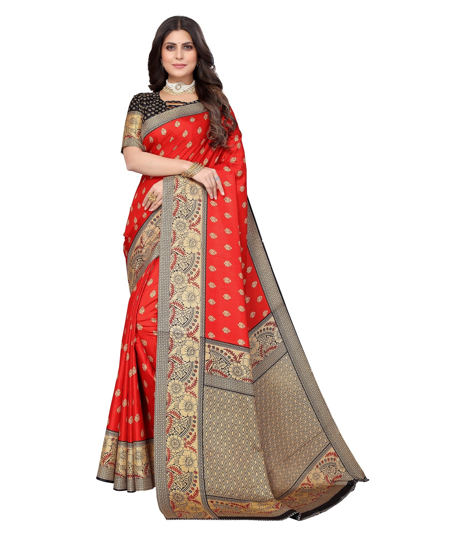 Ethnic Fire Red Printed Litchi Art Silk Saree – Elegant Traditional Wear