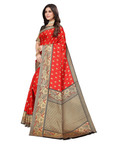 Ethnic Fire Red Printed Litchi Art Silk Saree – Elegant Traditional Wear