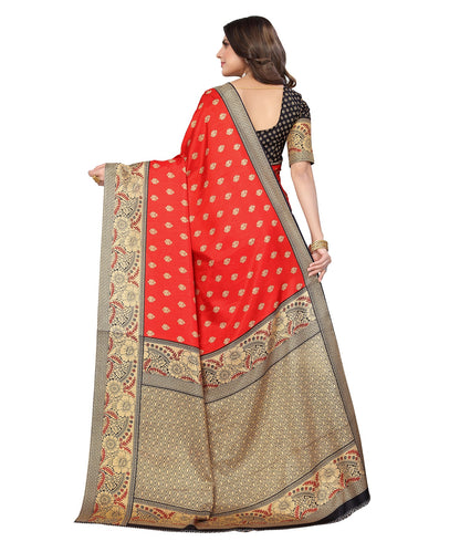 Ethnic Fire Red Printed Litchi Art Silk Saree – Elegant Traditional Wear