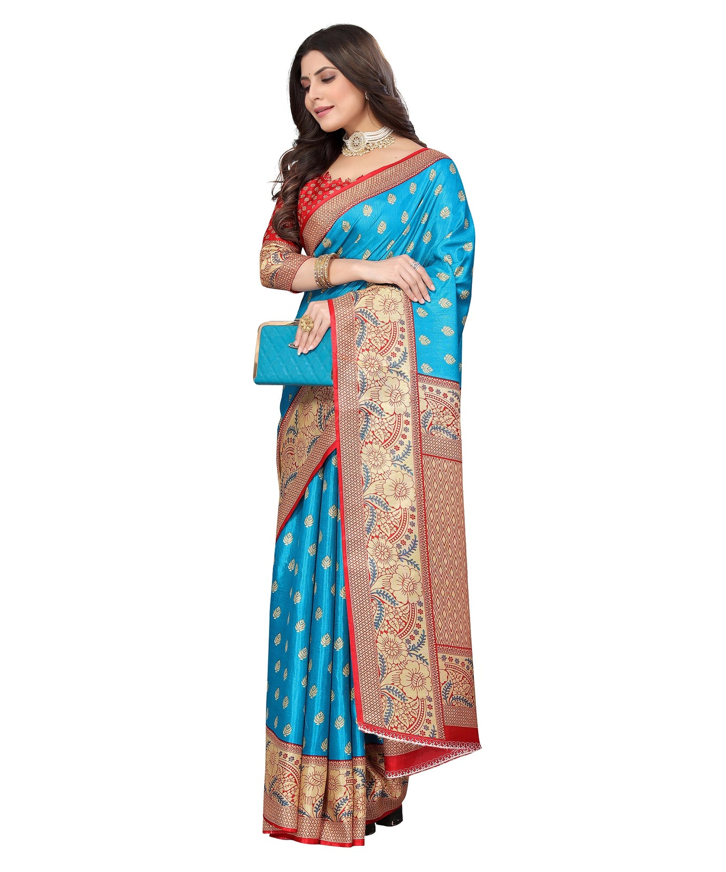 Ethnic Fire Blue Printed Litchi Art Silk Saree – Elegant Traditional Wear