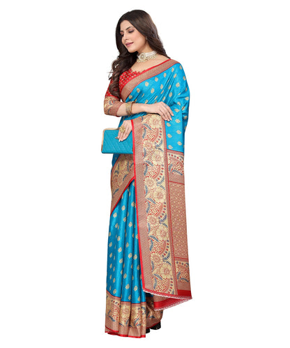 Ethnic Fire Blue Printed Litchi Art Silk Saree – Elegant Traditional Wear