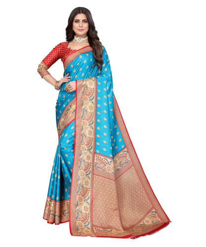 Ethnic Fire Blue Printed Litchi Art Silk Saree – Elegant Traditional Wear