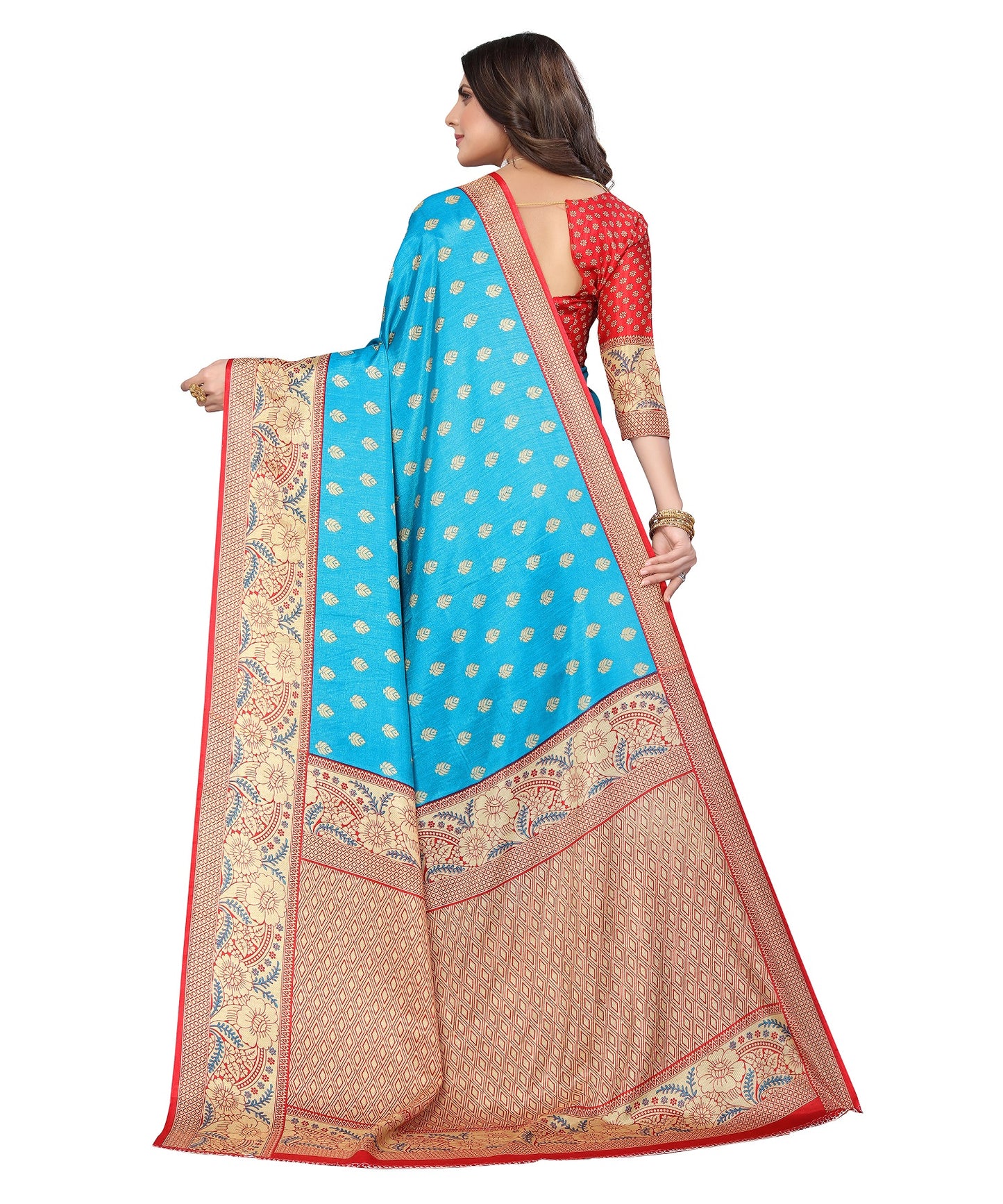 Ethnic Fire Blue Printed Litchi Art Silk Saree – Elegant Traditional Wear