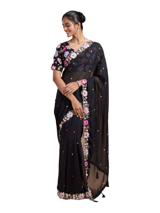 Embroidery Purple Georgette Bollywood Saree with Jaquard Blouse