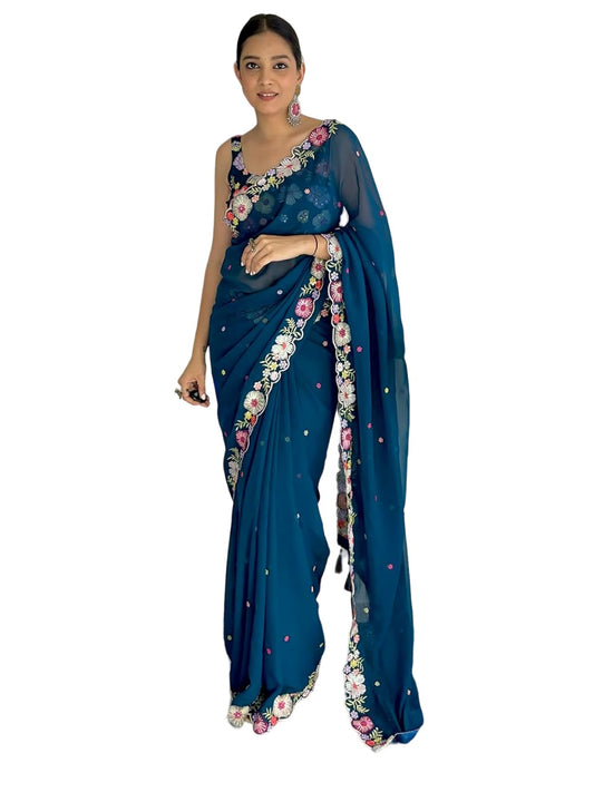 Embroidery Purple Georgette Bollywood Saree with Jaquard Blouse